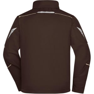 A brown softshell jacket with a high collar, featuring reflective detailing and a logo on the back.