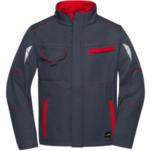 A softshell jacket in navy blue with red accents, featuring multiple pockets and a logo.