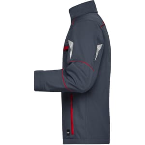 A softshell jacket in dark grey with red accents, featuring pockets and reflective details. It has a logo.