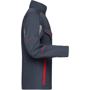 A softshell work jacket in dark grey with red accents and reflective elements, featuring a logo on the front.