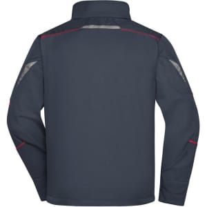 A dark navy softshell jacket with reflective detailing and a collared design at the back.