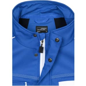A blue softshell jacket featuring a high collar and front zip, with a logo on the inside label.