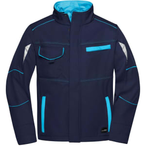 A navy softshell jacket featuring light blue accents, with pockets and a high collar. Includes a logo.
