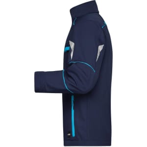 A softshell jacket in navy blue with turquoise accents, featuring a zip pocket and a logo on the sleeve.