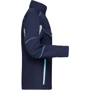 A navy blue softshell jacket featuring light blue accents and a logo, designed for workwear.