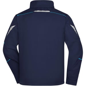 A navy softshell jacket featuring contrast detailing and reflective accents, with a logo on the back.
