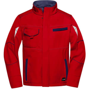A red softshell jacket featuring various pockets and navy accents, designed for workwear use. It includes a logo.
