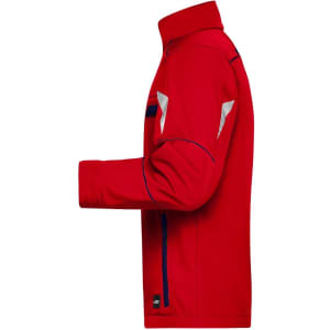 A red softshell jacket with reflective accents, featuring a zip pocket and a collar. It has a logo on the sleeve.