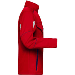 A red softshell jacket featuring a high collar, zipper pockets, and a logo. Ideal for workwear.