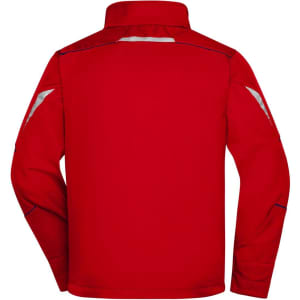 A red softshell jacket with reflective detailing, featuring a high collar and long sleeves. It has a logo on the back.