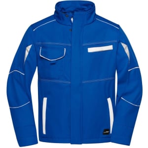A blue softshell work jacket featuring white accents and multiple pockets, including a logo on the front.