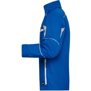 A blue workwear softshell jacket with white accents, featuring a zippered pocket and a branded logo.