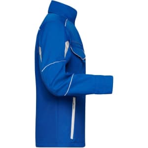 A blue softshell work jacket with white detailing, featuring pockets and a high collar.