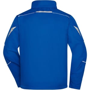 A blue softshell jacket with reflective detailing and a collar, featuring a logo on the back.