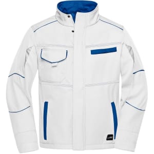 A white softshell work jacket with blue accents and pockets. The jacket features a high collar and a logo.