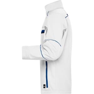 A white softshell work jacket featuring blue accents, with a zippered pocket and a modern design.