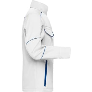 A softshell jacket in white with blue accents, featuring a zip pocket and a collar. It has a logo on the front.