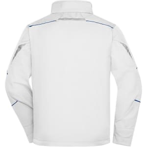 A white softshell work jacket featuring blue accent stitching and a logo on the back.
