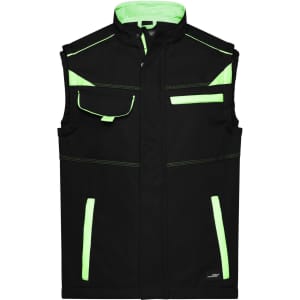 A black softshell vest with fluorescent green accents and multiple pockets, featuring a logo.