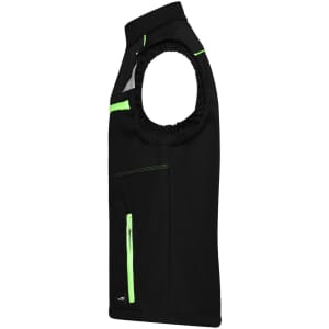 A black softshell vest with bright green accents and zippers, featuring sleeveless design and a logo.