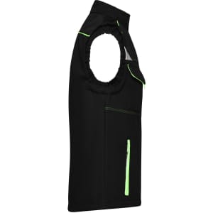 A black softshell vest featuring neon green accents and a zippered pocket. Includes a logo on the fabric.