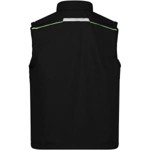 A black softshell work vest with reflective detailing and no sleeves, featuring a logo on the back.
