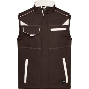 A brown softshell vest with multiple pockets and white trim, featuring a logo on the front.