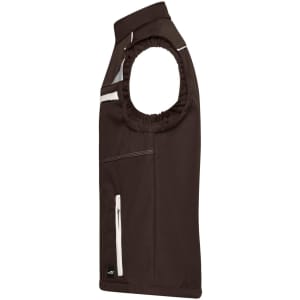 A brown softshell vest featuring a zip pocket and a curved armhole design. Includes a branding logo.