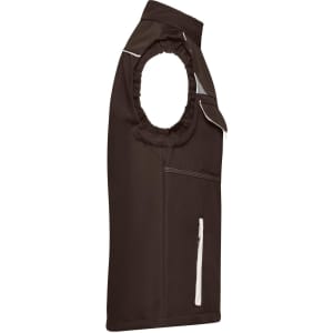 A brown softshell vest with a sleeveless design, featuring a zipper pocket and elastic neck detail.