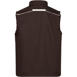 A brown softshell vest with a stand-up collar and reflective detailing on the back, featuring side pockets and a logo.