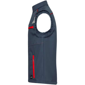 A grey softshell vest features a zip pocket and red accent details, designed for workwear. Includes branding.