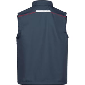 A dark blue softshell vest featuring a rear reflective strip and no sleeves. It has a logo on the back.
