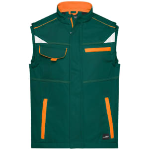 A green softshell vest with orange accents and reflective elements, featuring multiple pockets and a zip closure.