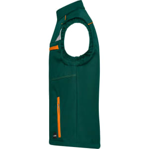 A green softshell vest with an orange zip pocket and a logo, featuring sleeveless design.