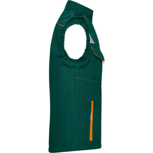 A green softshell vest featuring orange zippers and a gathered armhole design, with one front pocket.