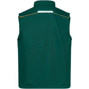 A green softshell work vest featuring no sleeves and a reflective detail on the back. It includes a logo.