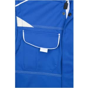 A blue workwear softshell vest featuring a front pocket and contrasting white stitching. It has a logo on the chest area.