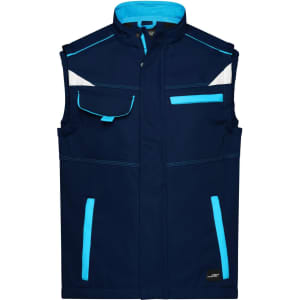A navy softshell vest featuring blue accents, multiple pockets, and a logo. Suitable for workwear.