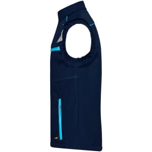 A navy blue softshell vest with a sleeveless design, featuring light blue accents and a zippered pocket.