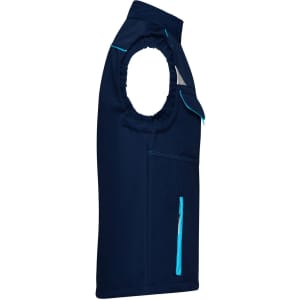 A navy softshell vest featuring a high collar and contrasting blue zippers, with an adjustable armhole and pocket.