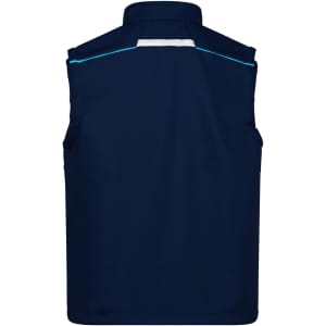 A navy blue softshell vest featuring a collar, back yoke, and a logo.