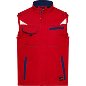 A red softshell vest with a zip front, pockets, and navy blue accents. It features reflective strips and a logo.
