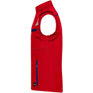 A red softshell vest featuring a sleeveless design, with zippered pockets and a small logo.