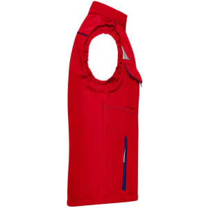 A red softshell vest featuring a side pocket and a ruffled armhole design. It has some branding details.