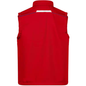 A red softshell vest with a collar, featuring two side pockets and blue detailing, plus a branding logo on the back.