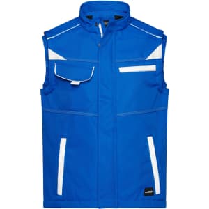 A blue softshell vest featuring multiple pockets and reflective detailing, designed for workwear. It has a logo.