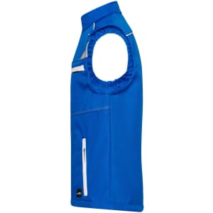 A blue softshell vest featuring armholes, a zip pocket, and a logo. Suitable for workwear.