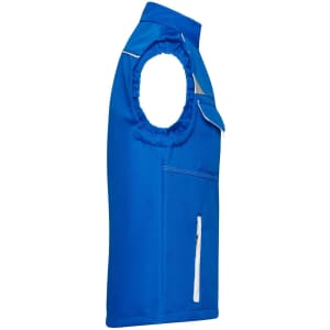 A blue softshell vest with sleeveless design and front pockets, featuring an elastic neckline and a logo.