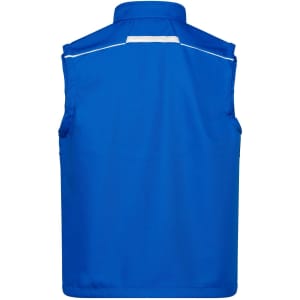 A blue softshell vest with a collar and a reflective strip across the back. Features a logo.