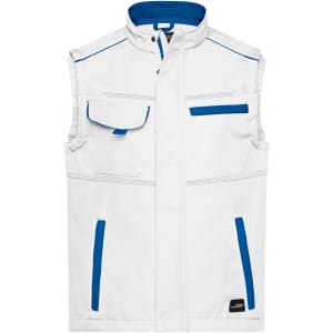 A white softshell vest with blue accents, featuring multiple pockets and a brand logo.